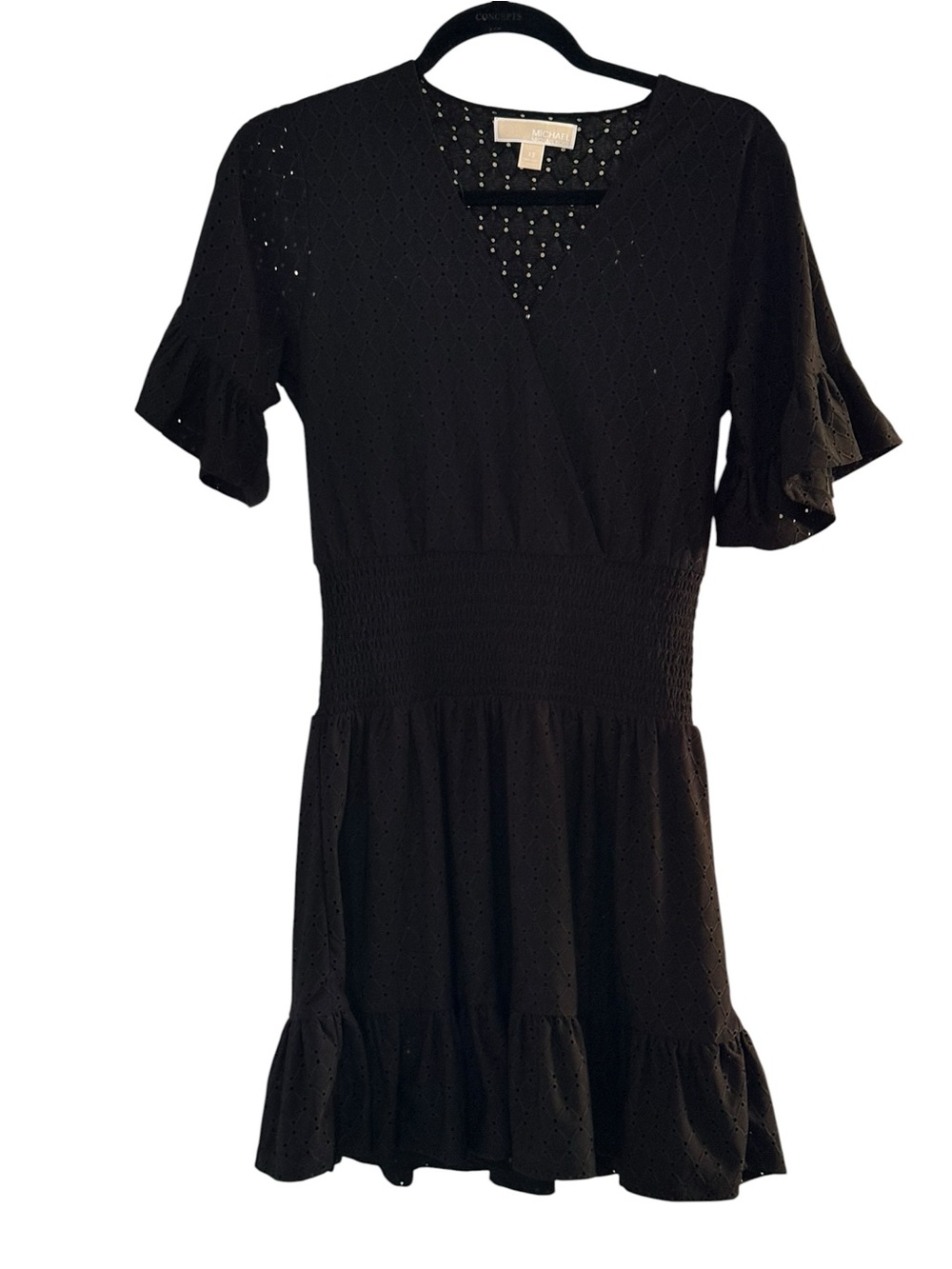Michael Michael Kors Black Eyelet Wrap-Style Smocked Waist Dress in Black/ XS
